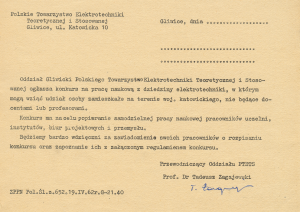 Fot. 2. Ogłoszenie konkursowe z 1962 roku podpisane przez przewodniczącego Prof. Tadeusza Zagajewskiego